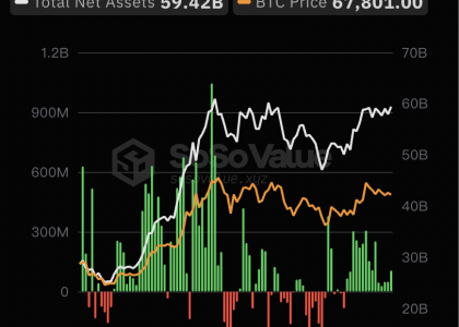 美国比特币现货ETF总资产净值为594.20亿美元，ETF净资产比率达4.36%缩略图